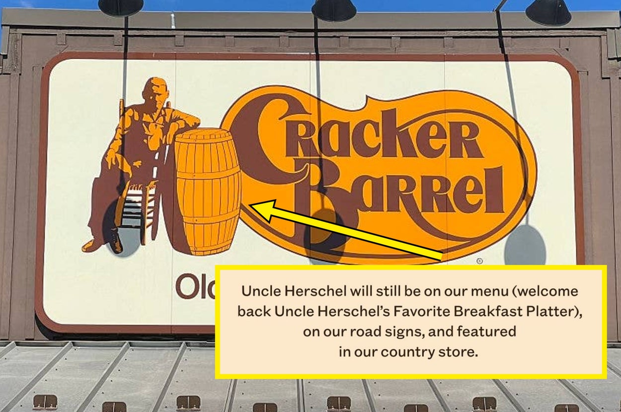 Image of a Cracker Barrel sign with a notice about the return of Uncle Herschel's Favorite Breakfast Platter to the menu and store features