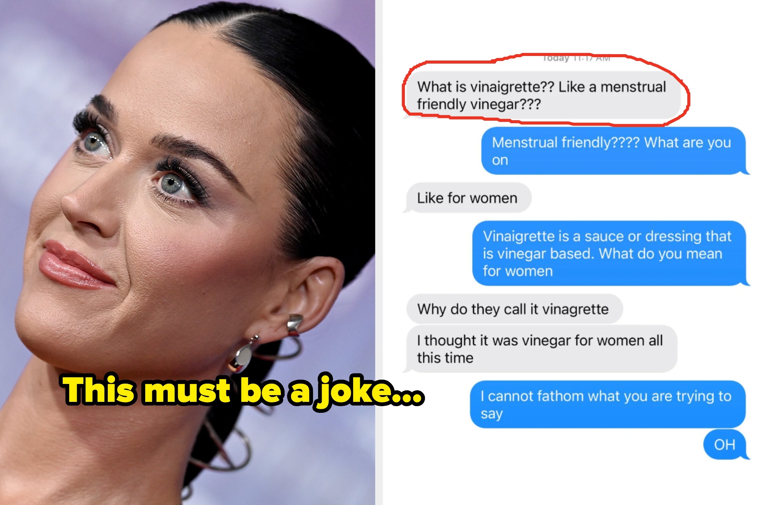 A person looks up; a humorous text exchange about vinaigrette being "menstrual friendly" is shown with confusion over its meaning. Text reads: "This must be a joke..."