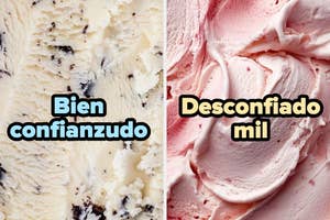 Dos imágenes de helado: izquierda con trozos y texto "Bien confianzudo", derecha suave con texto "Desconfiado mil"