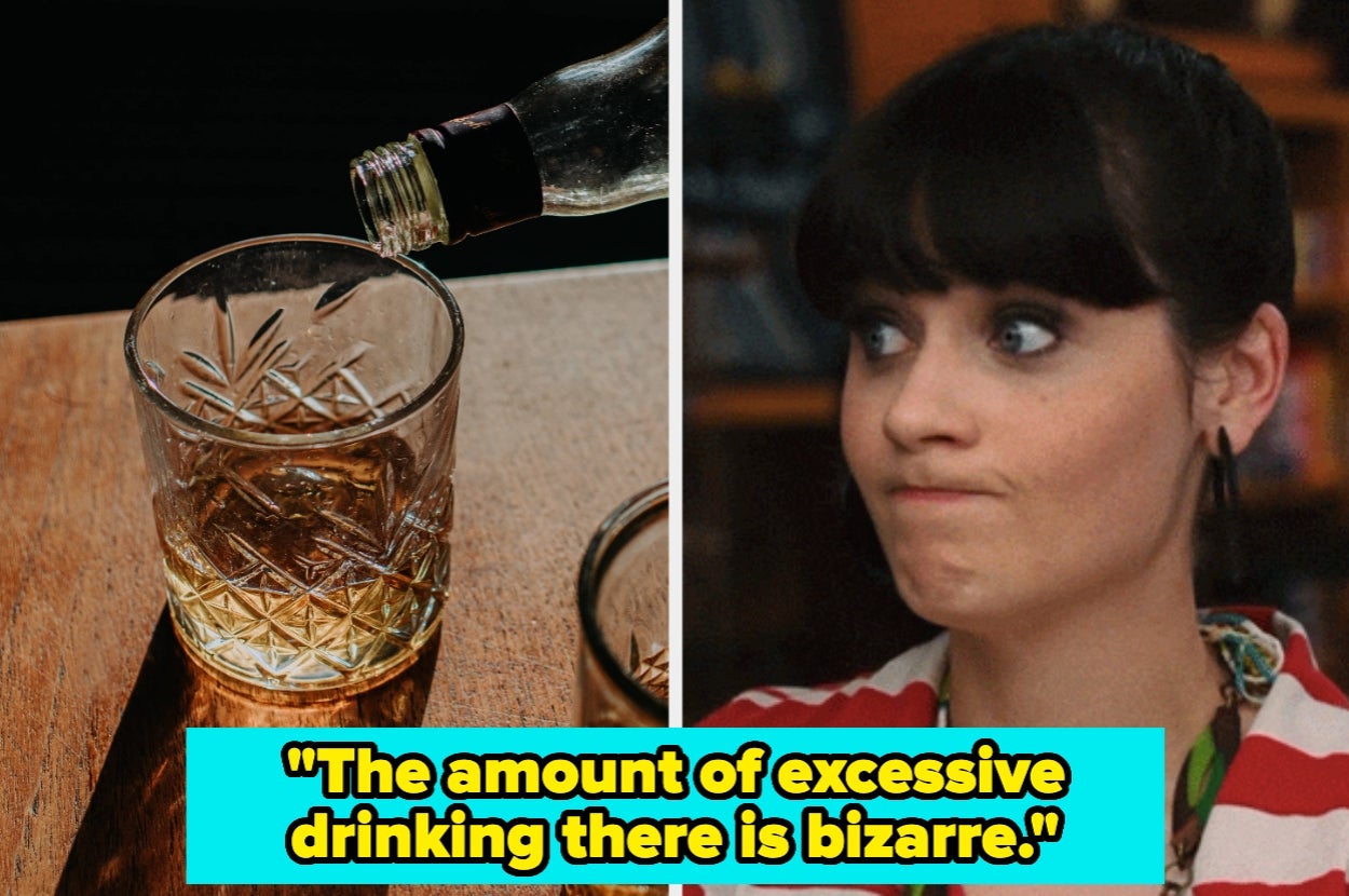 Split image: Left shows a glass being filled with alcohol. Right shows person with skeptical expression. Caption: "The amount of excessive drinking there is bizarre."