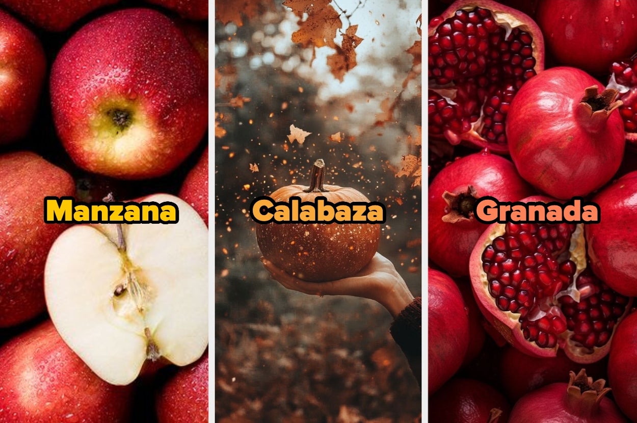 Montaje de tres frutas: manzanas, una calabaza en un entorno otoñal y granadas abiertas, cada una con su nombre sobreimpreso