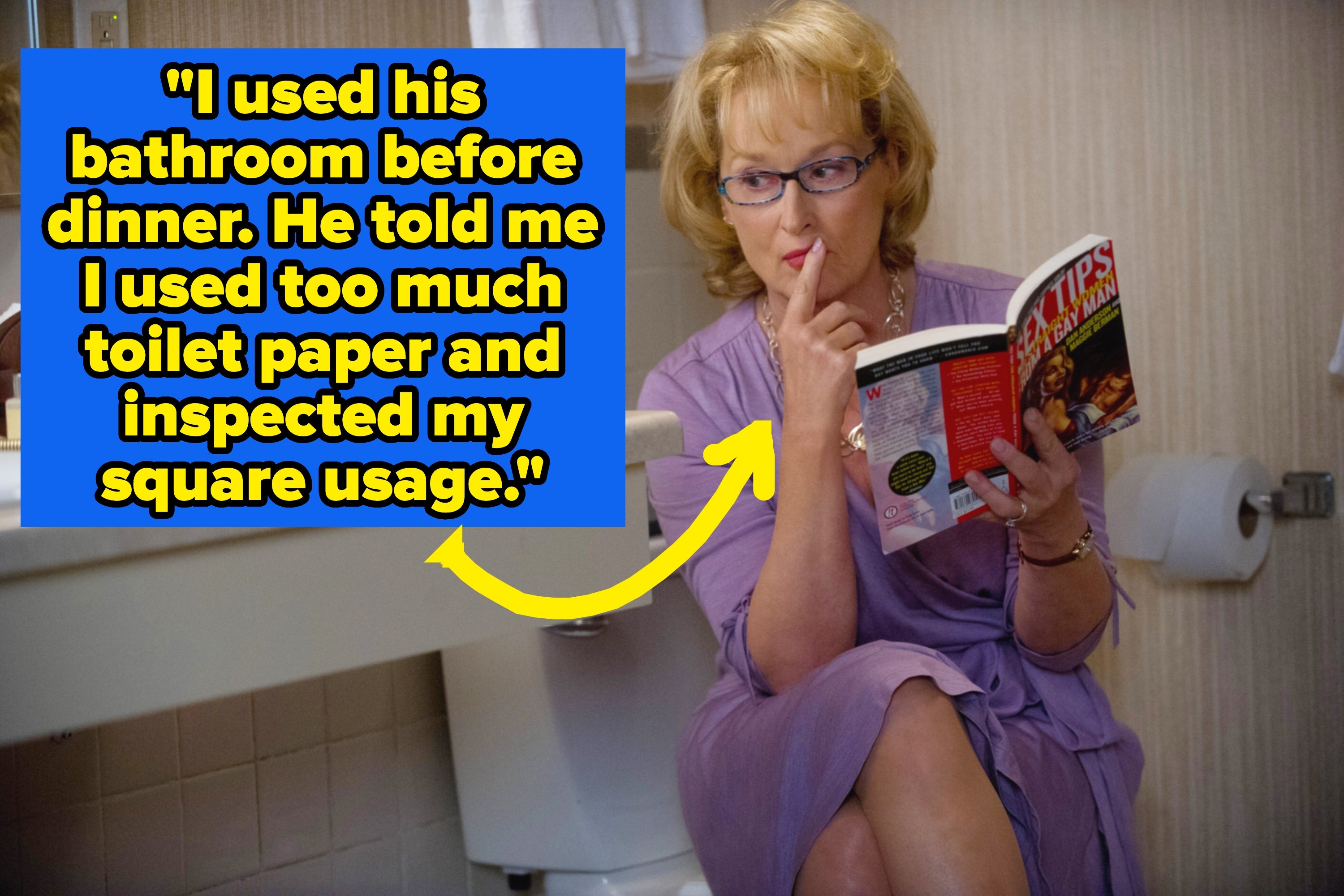 Person sitting on toilet with magazine, humorously reflecting on using too much toilet paper. Text reads: "He inspected my square usage."