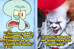 Cartoon squid shocked next to clown with red balloon; both have humorous, adult-themed captions about unexpected discoveries and costumes