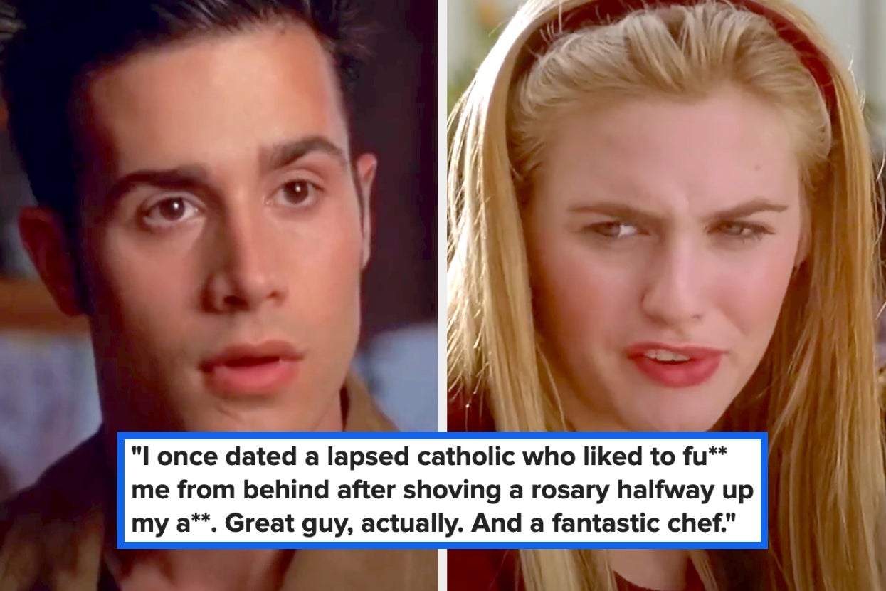 Two characters from a TV show are talking. A text box with a controversial quote about a past relationship is visible in the image