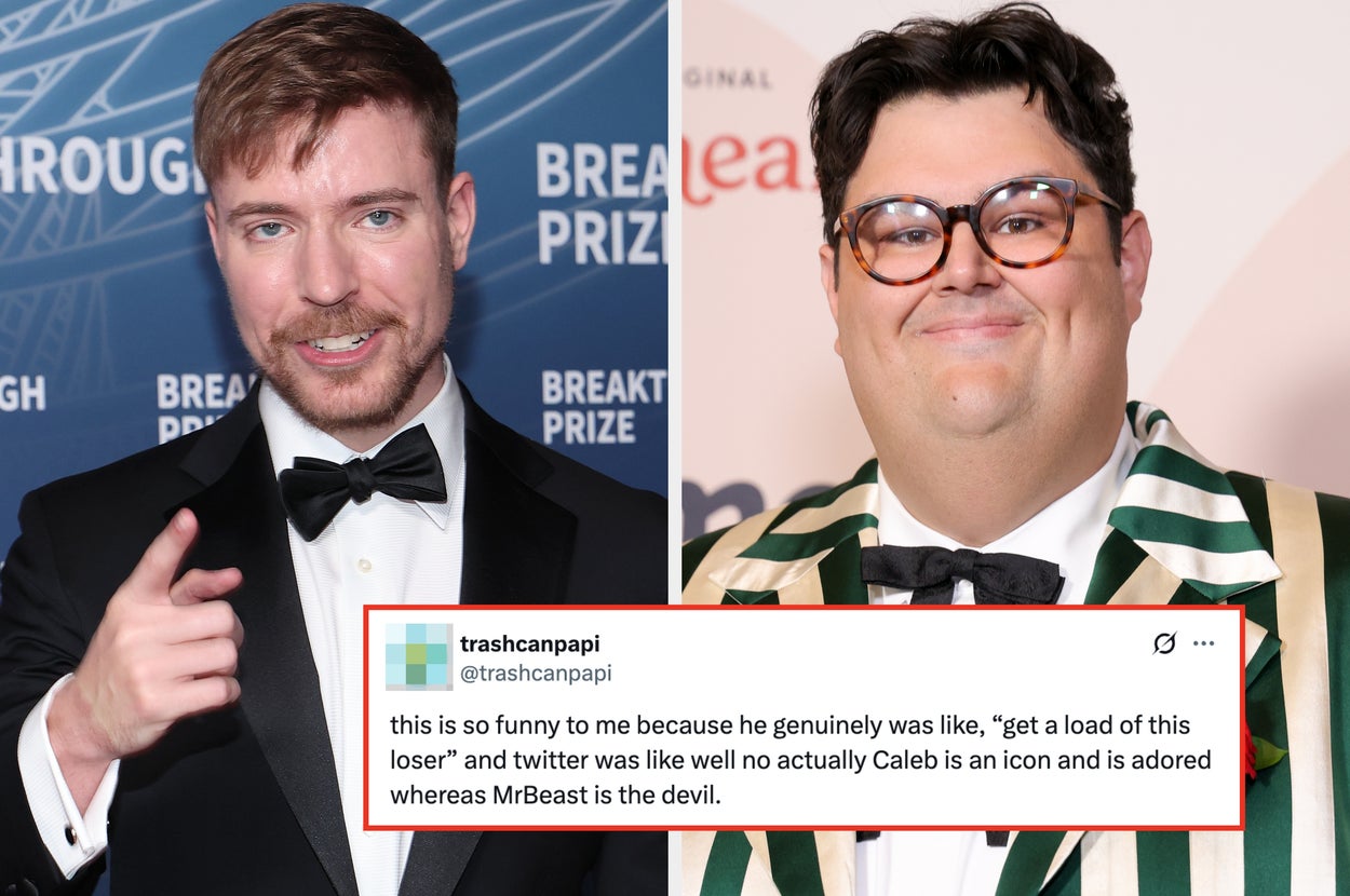 Two photos side by side: a man in a suit on a red carpet and the same man speaking into a microphone. Tweet below questions his sincerity