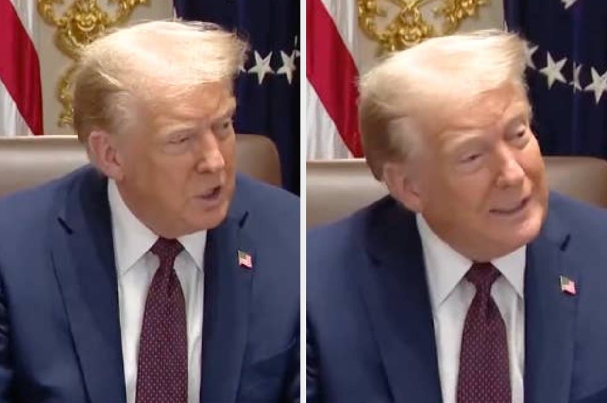 A man in a suit with an American flag pin speaking at an event, two side-by-side angles show him gesturing and smiling