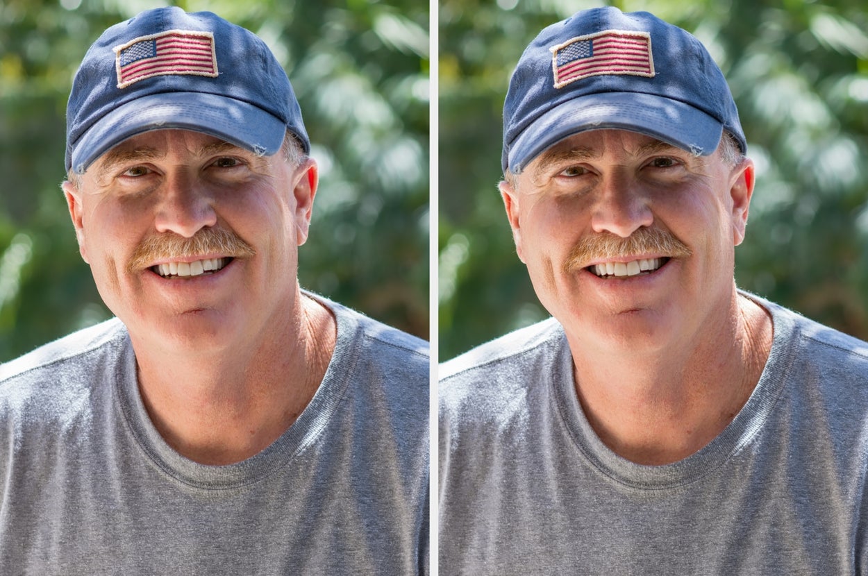 A person smiling, wearing a baseball cap with an American flag and a casual t-shirt, standing outdoors. The same image is shown twice side by side