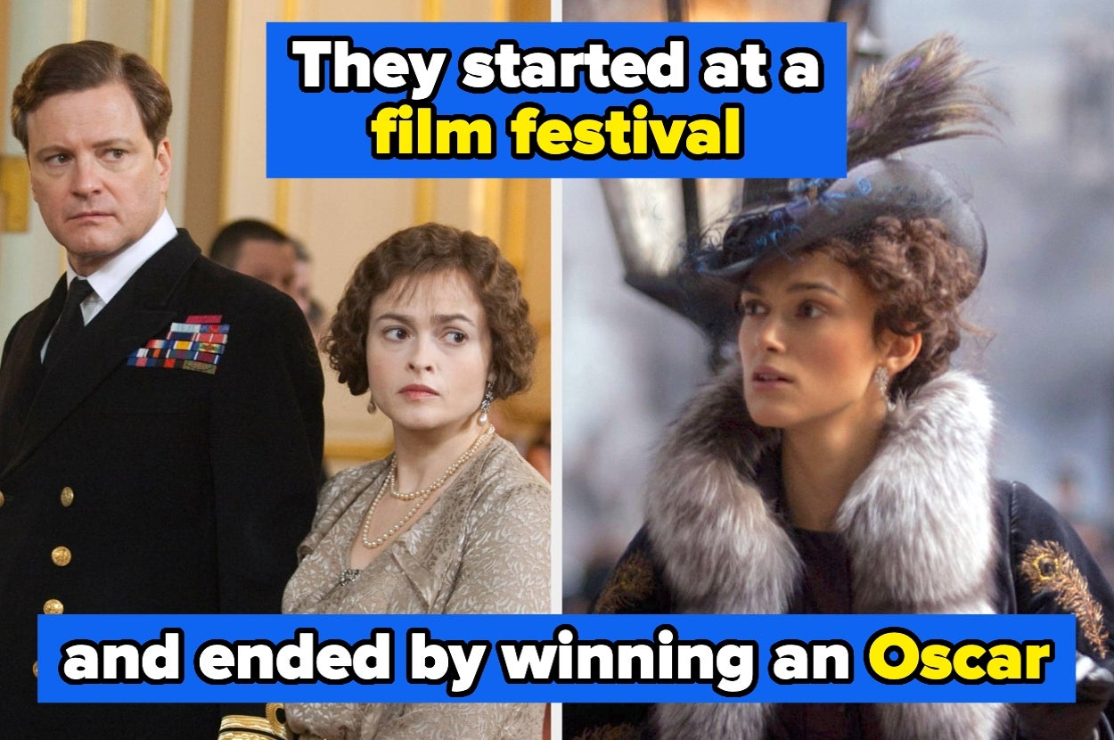 Two actors in historical costumes; text: "They started at a film festival and ended by winning an Oscar."