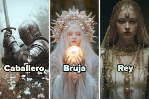 Knight, witch, and king character portraits with fantasy attire: armored knight with sword, witch with glowing orb in ornate headdress, regal king