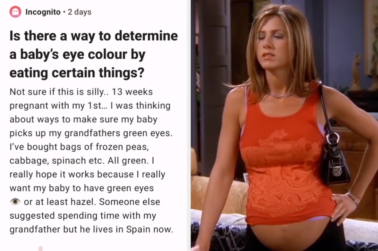 A person in a sitcom scene stands casually with eyes half closed, wearing a sleeveless top. Text discusses trying to influence baby's eye color through diet