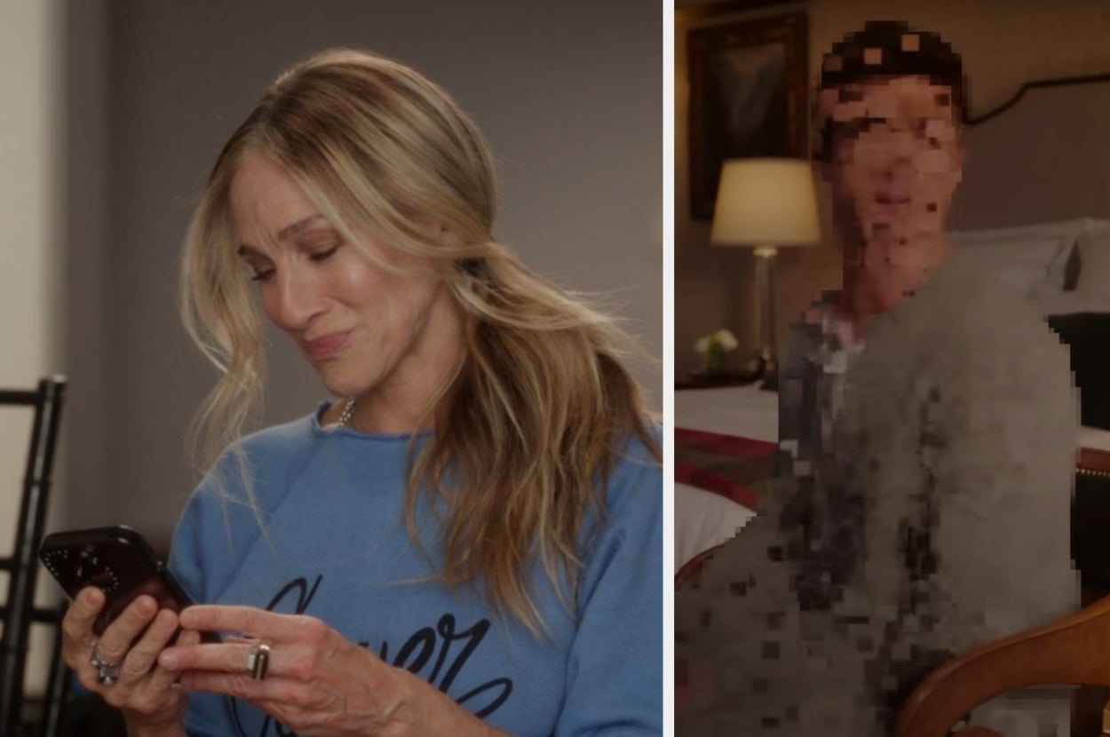 Person in casual sweatshirt smiling at phone; right side shows blurred pixelated figure sitting on bed in a room