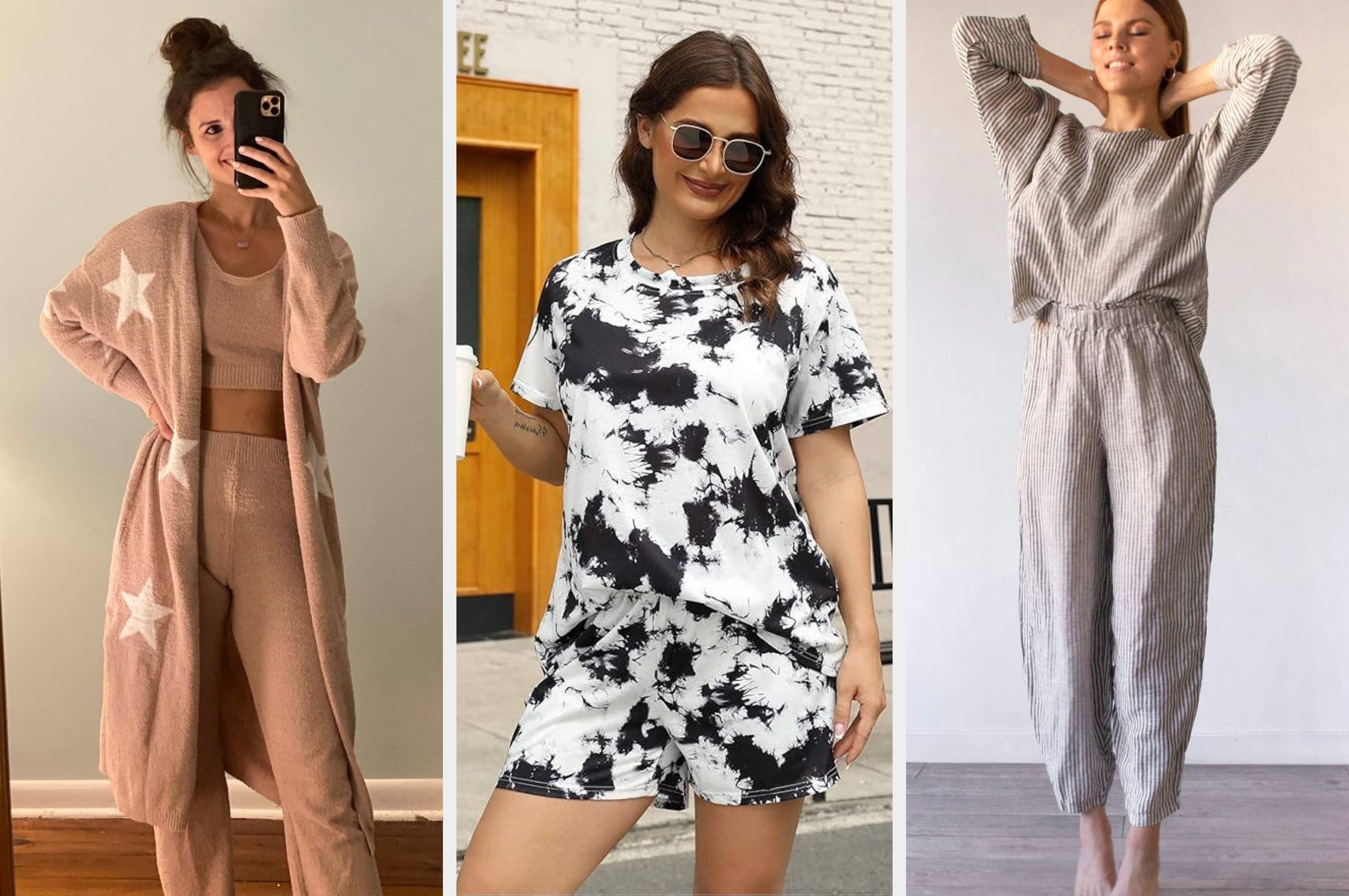 reviewer wearing a long fuzzy cardigan / model wearing black and white short sleeve set / model wearing gray linen set