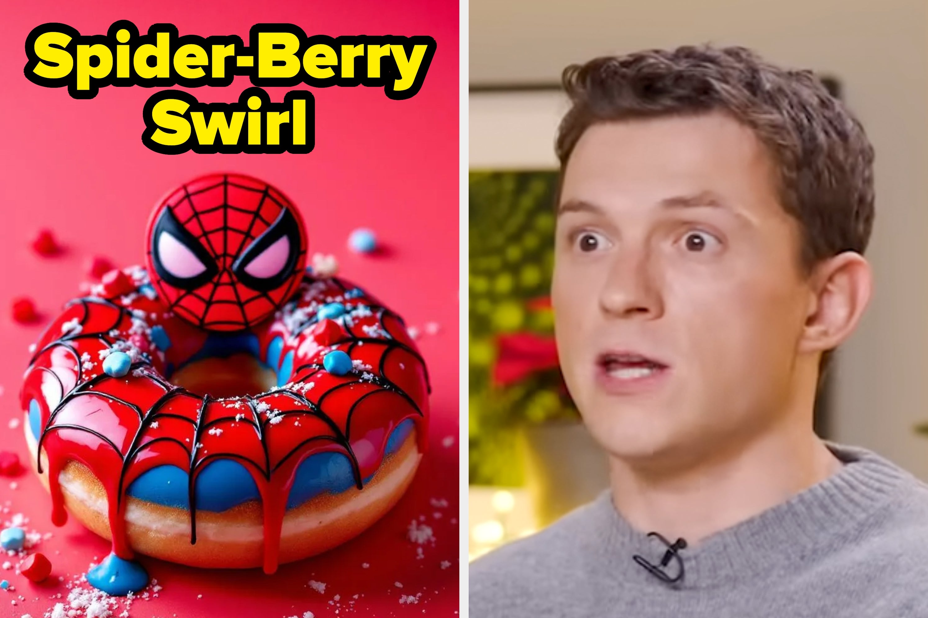 Spider-themed donut with web icing. Tom Holland on the right looks surprised. "Spider-Berry Swirl" text at the top