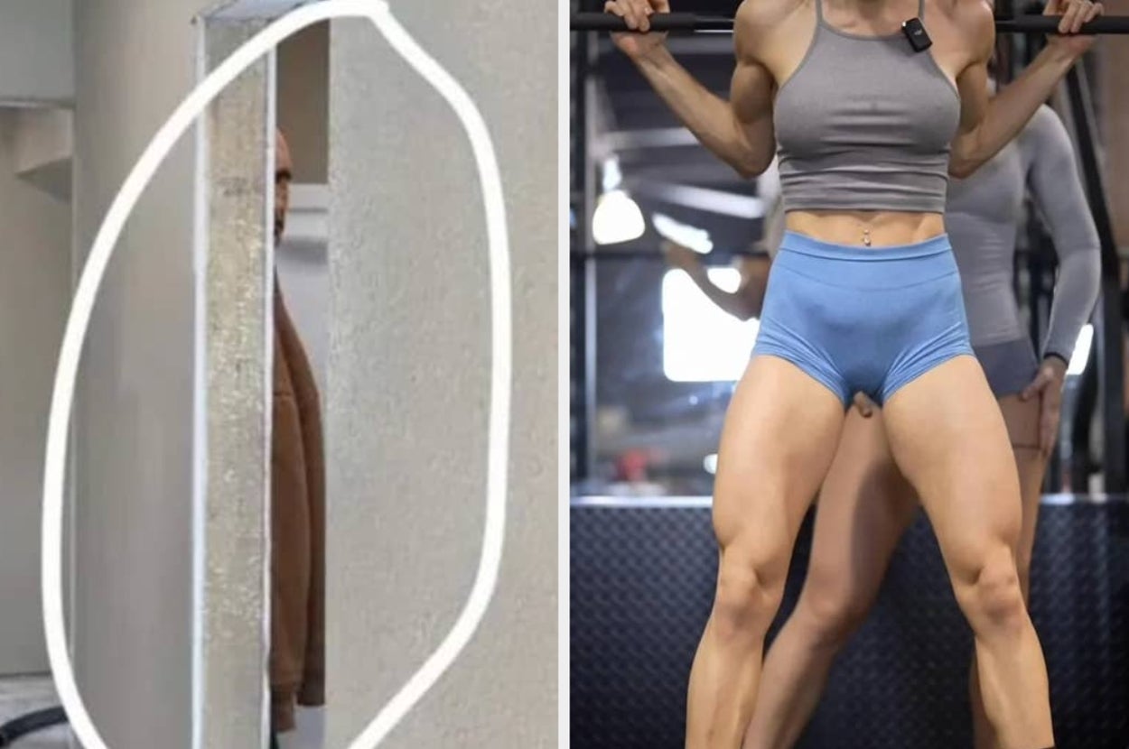 Left image: A person peeks from behind a door. Right image: A person in a gym holds a barbell on their shoulders, wearing a tank top and shorts