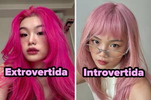 Dos imágenes comparativas de una mujer con cabello rosa. Izquierda, cabello suelto: "Extrovertida". Derecha, cabello con gafas: "Introvertida"