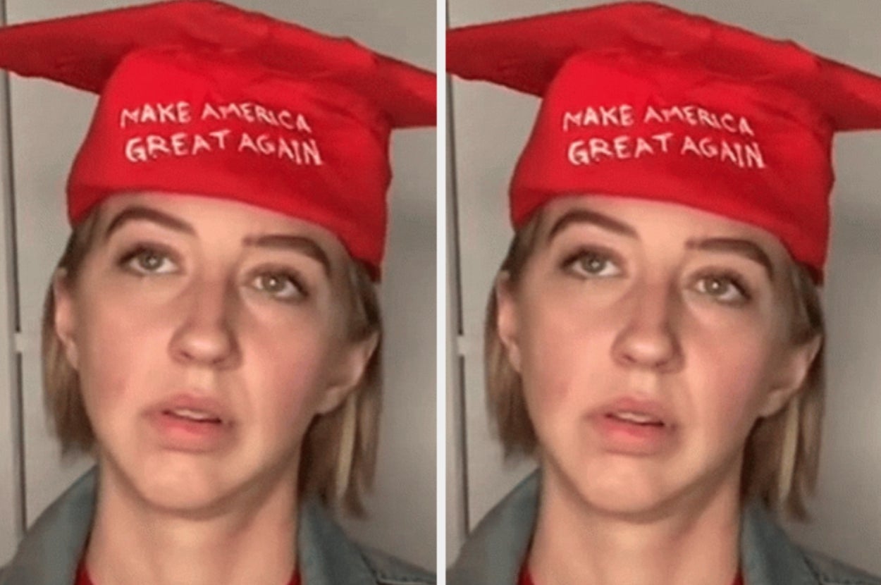 Person wearing a red "Make America Great Again" cap in two side-by-side images, looking forward with a neutral expression
