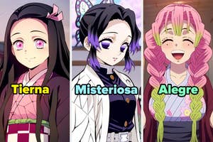 Tres personajes de anime con expresiones: uno es tierno, otro misterioso, y el último alegre