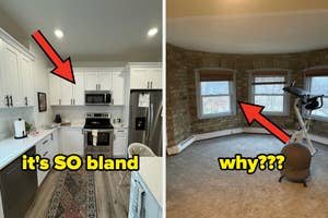 A split image with arrows pointing to white kitchen cabinets, text: "It's so bland;" and an empty round room with text: "Why"