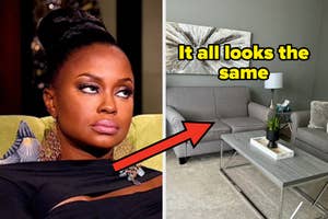 Person with a skeptical expression next to a modern gray living room with matching gray furniture; text: "It all looks the same"