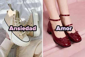 Zapatos de plataforma crema etiquetados como "Ansiedad"; zapatos rojos de charol con hebilla etiquetados como "Amor"
