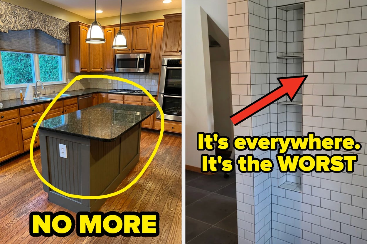 Left image shows a kitchen island circled, labeled "No More;" Right image shows shower tiling labeled "It's everywhere; It's the WORST"