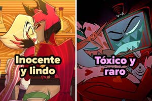 Imágenes de personajes animados: a la izquierda, dos personajes abrazándose con el texto "Inocente y lindo"; a la derecha, personaje con pantalla, "Tóxico y raro"