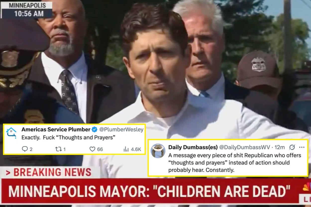 Minneapolis Mayor speaks at a news conference. Overlaid tweets criticize "thoughts and prayers" as ineffective responses to tragedy