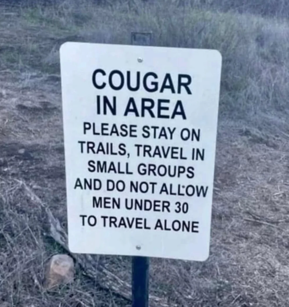  "Cougar successful  Area. Stay connected  trails, question   successful  groups, and bash  not let  men nether  30 to question   alone."