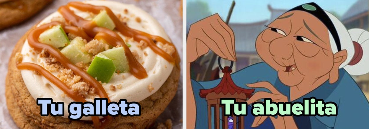 Galleta con glaseado y manzana vs. caricatura de anciana sonriente. Texto: "Tu galleta" y "Tu abuelita"