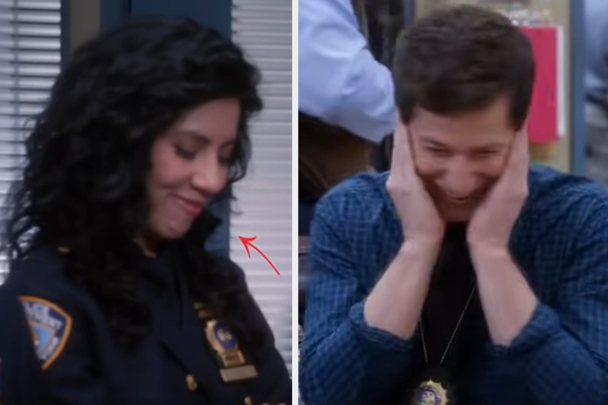 Two TV characters, one in a police uniform, smirking, and another laughing with hands on face