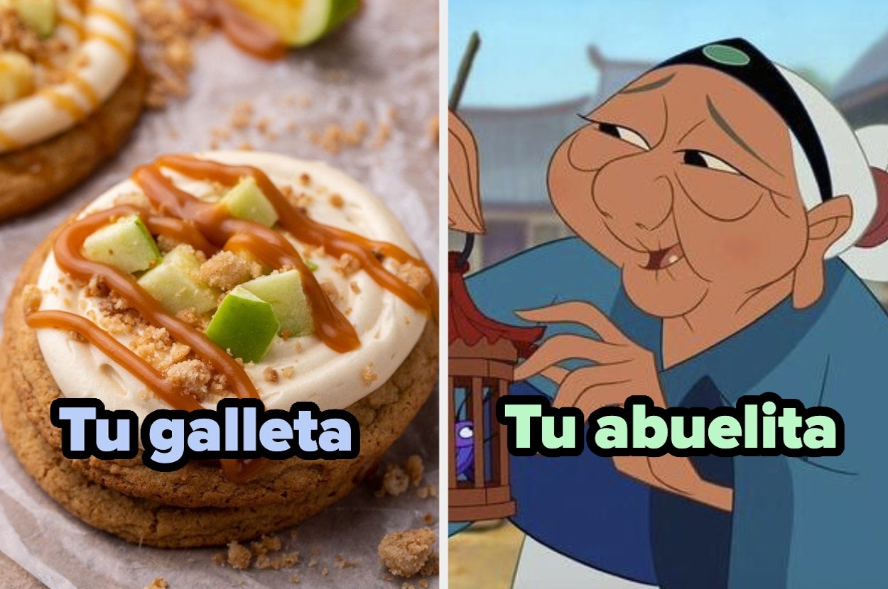 Galleta con glaseado y manzana vs. caricatura de anciana sonriente. Texto: "Tu galleta" y "Tu abuelita"