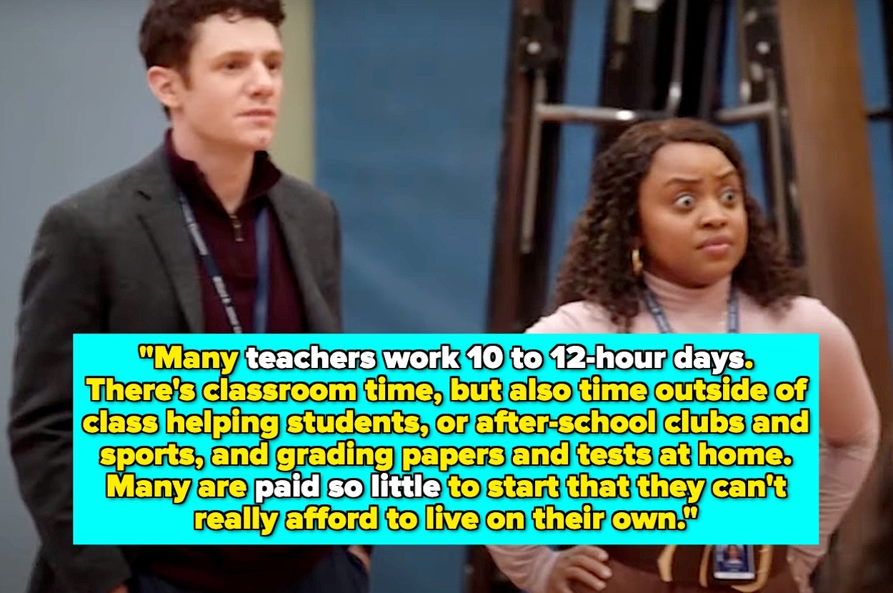 Two people stand indoors; text highlights long teacher work hours, students’ support efforts, and low pay affecting living independently