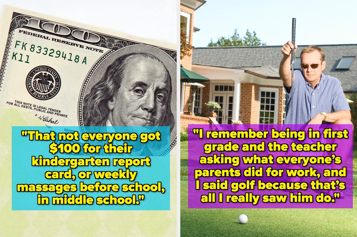 Split image: Left side shows a $100 bill with a quote about privilege. Right side shows a person golfing with a quote about childhood and careers