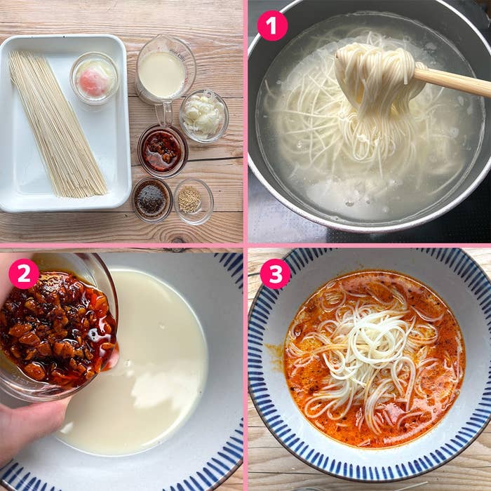 調理工程: 1. 麺を鍋で茹でる。2. ボウルに調味料と液体を加える。3. 麺を混ぜた調味料に加える。