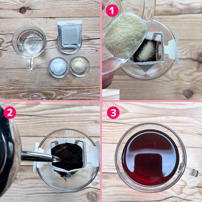 コーヒードリッパーのセットアップ手順。ステップ1: コーヒー豆をフィルターに入れる。ステップ2: お湯を注ぐ。ステップ3: 抽出完了。