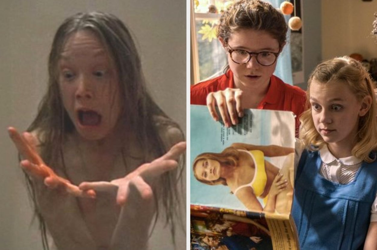 Split image: Left shows a shocked person with hands raised. Right features two people examining a magazine
