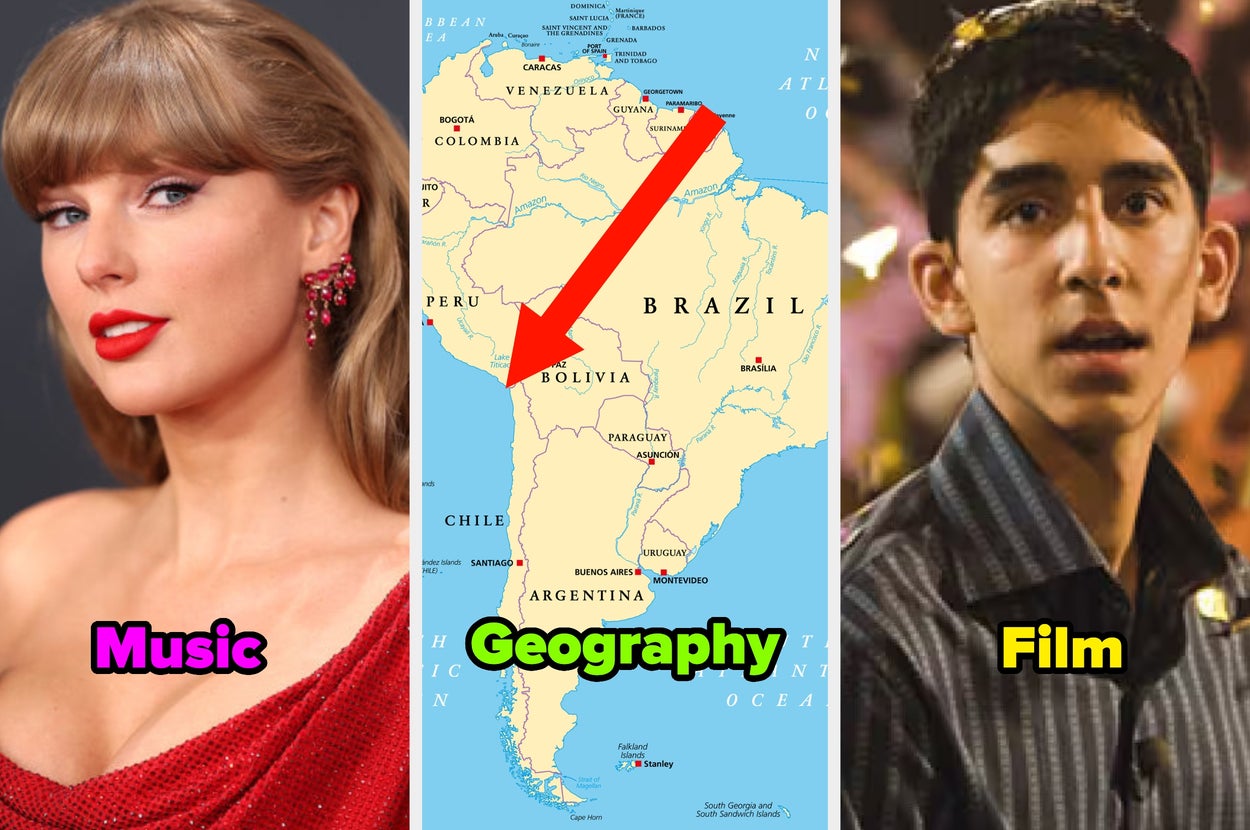 Split image: left shows a musician in elegant attire, center is a map of South America with arrow pointing to Bolivia, right shows an actor in casual wear
