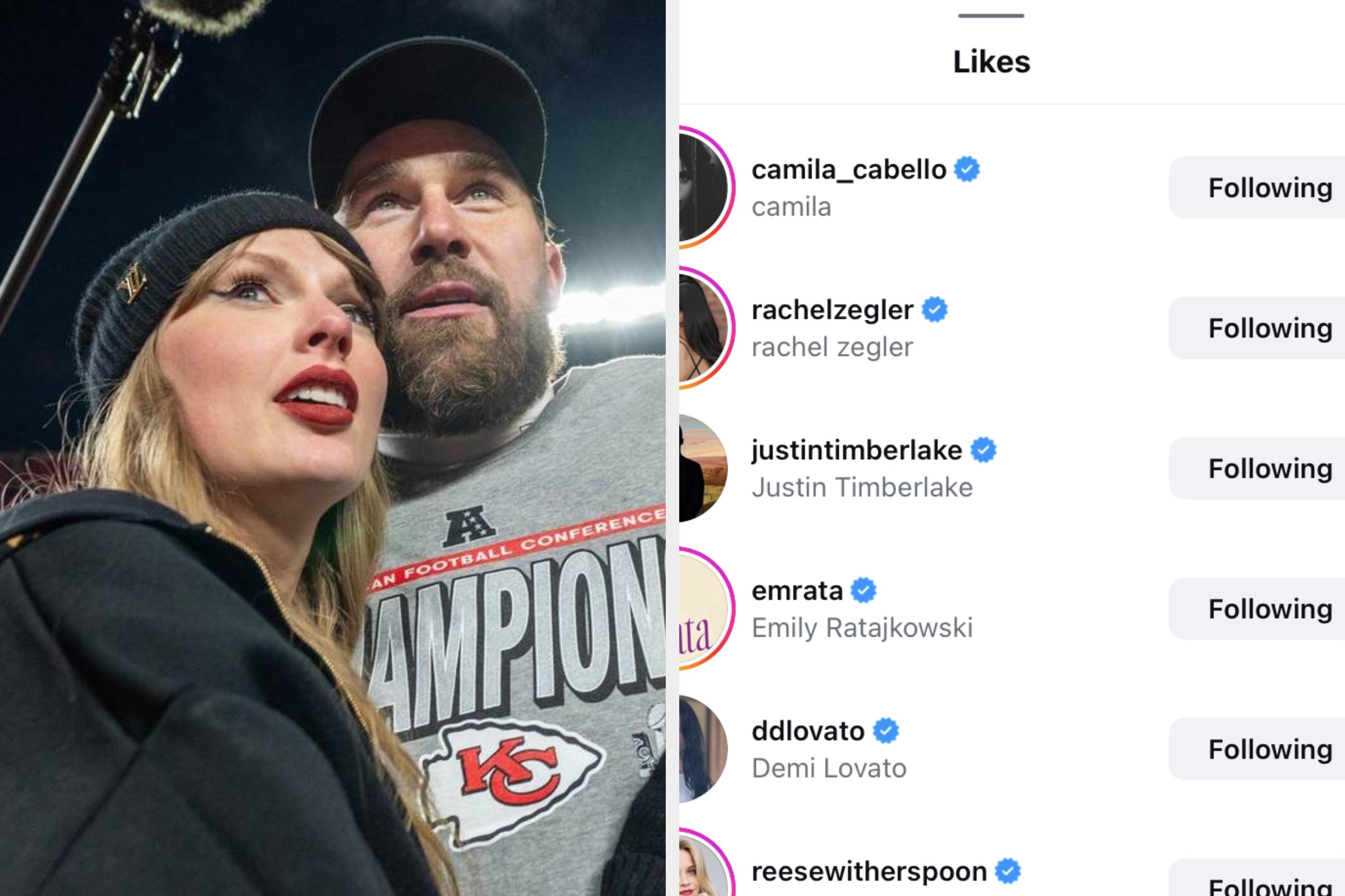 Left: Taylor Swift and Travis Kelce outdoors. Right: A list showing celebrities liking a post, including Camila Cabello, Rachel Zegler, and more