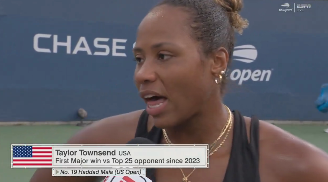 Tennis player speaks at the US Open after winning a major match against a top 25 opponent. Text box shows victory over No. 19 Haddad Maia