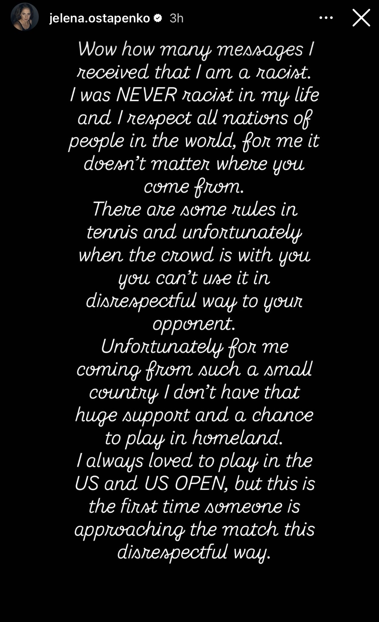 Jelena Ostapenko's statement on respect for all nations, addressing accusations and her love for playing in the US and US Open despite challenges