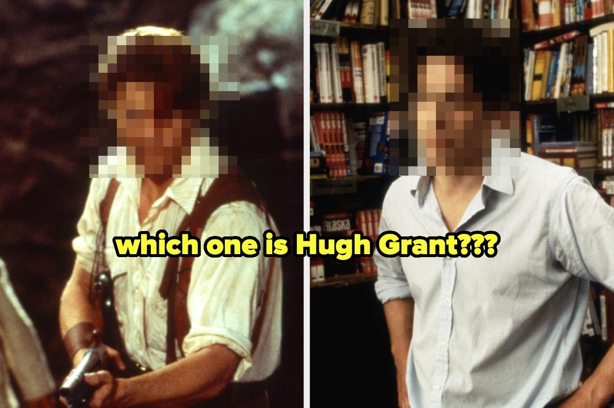 Two images of men with blurred faces, one in an adventurer outfit and the other casually dressed in front of books, with text asking which is Hugh Grant