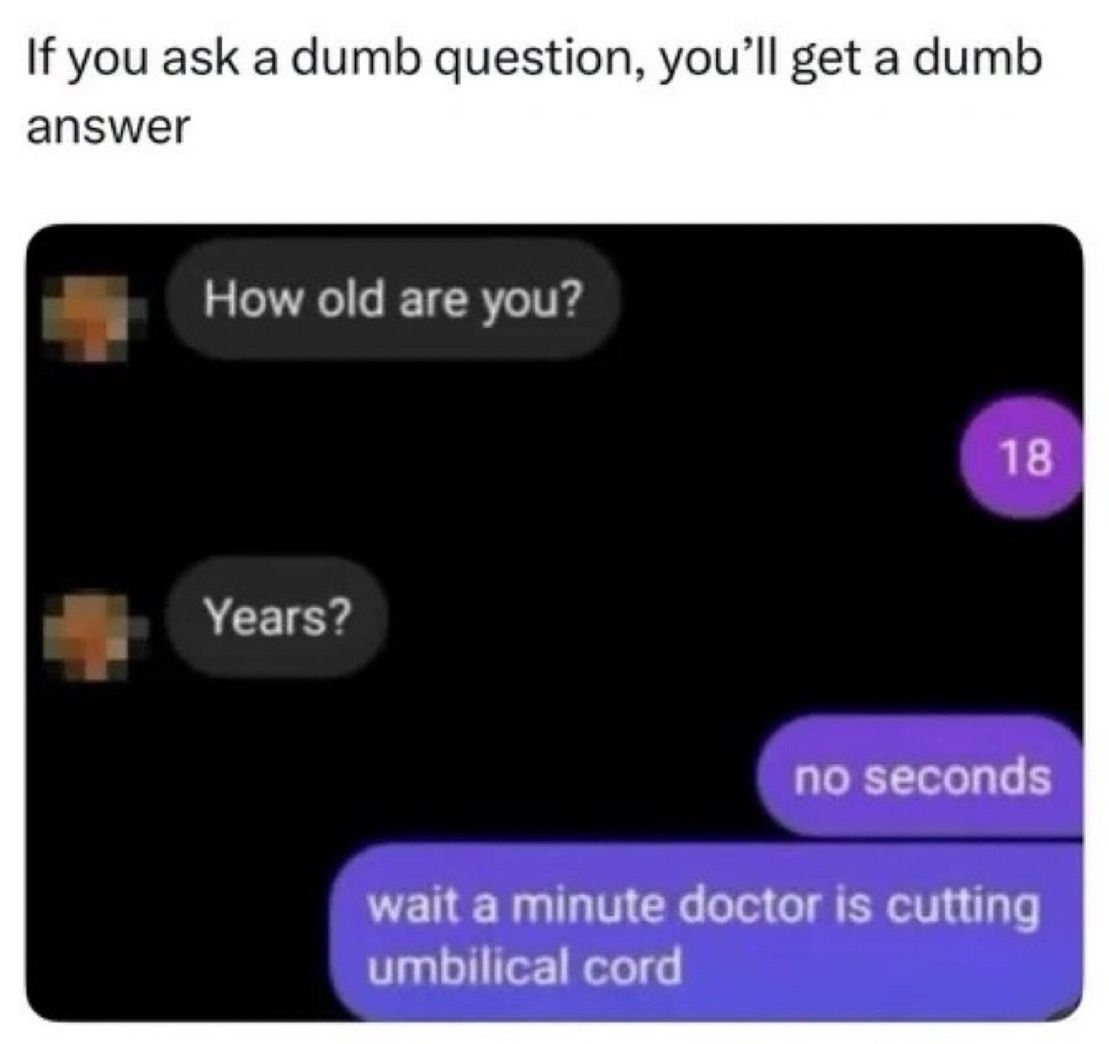 Text speech  gag  astir  a idiosyncratic   humorously responding to "How aged  are you?" with "18 seconds" arsenic  if they're conscionable  born