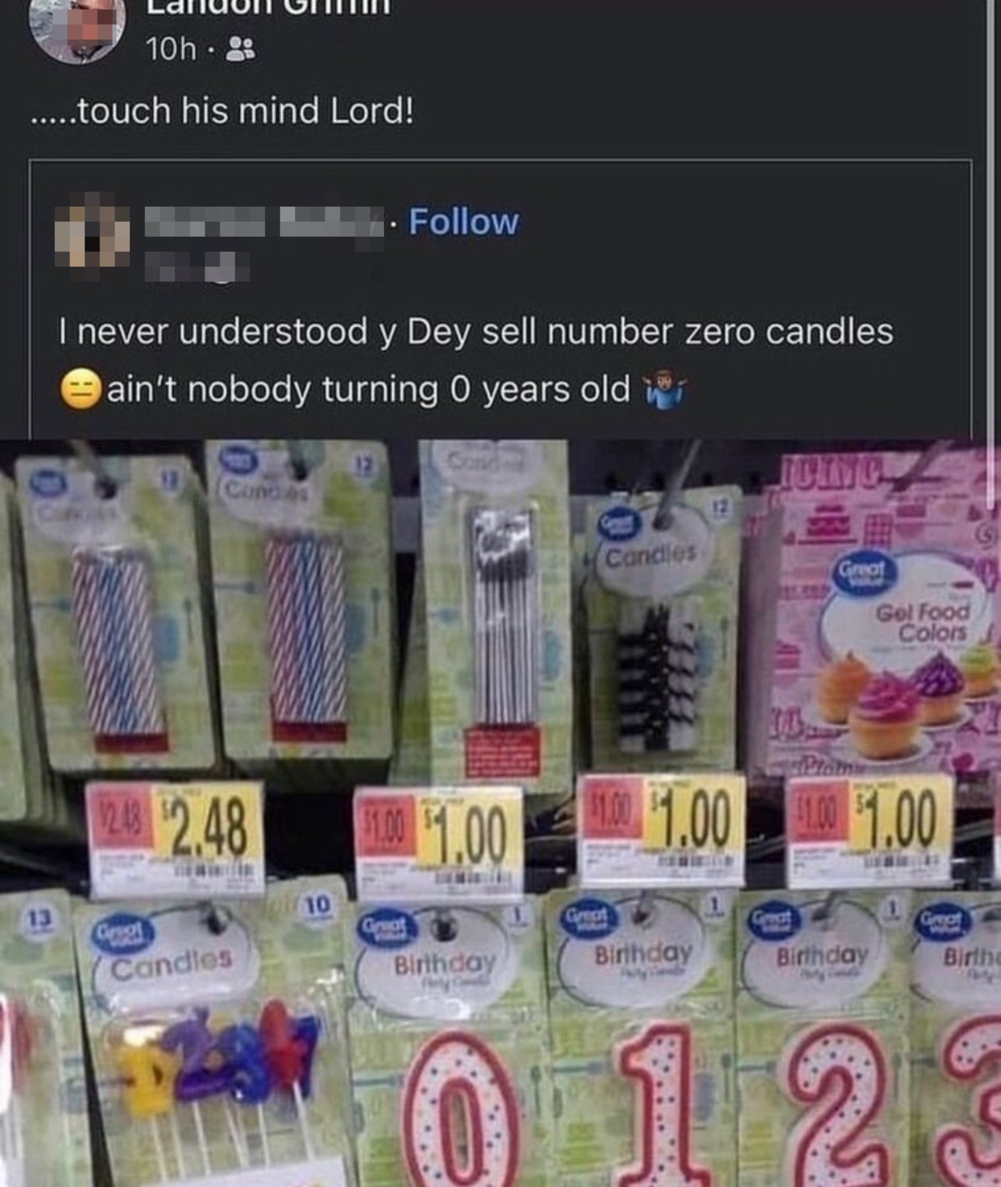 Facebook station  humorously questions the intent  of selling day   candles with the fig   zero, noting cipher  turns zero years old