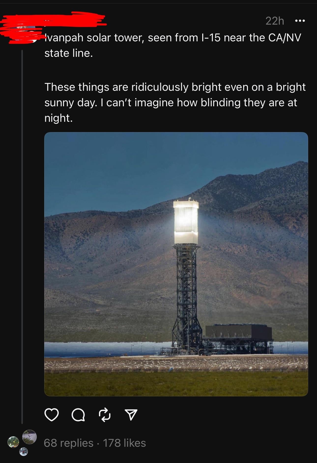 Image of Ivanpah solar tower near CA/NV state line, glowing brightly against a mountain backdrop. Social media post text remarks on its brightness