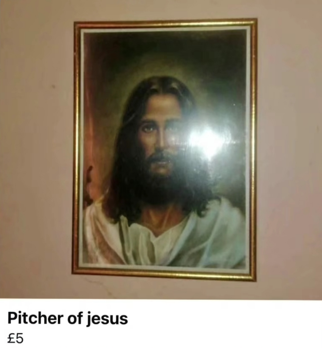 Framed representation    of Jesus; mislabeled arsenic  "Pitcher of jesus" with a terms  of £5 below