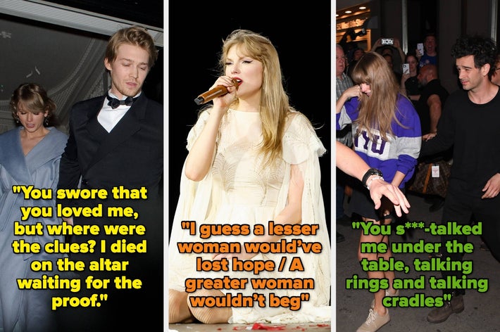 Three-panel image: First and third panels show a woman with someone else. The second panel shows her singing on stage. Overlayed are song lyrics