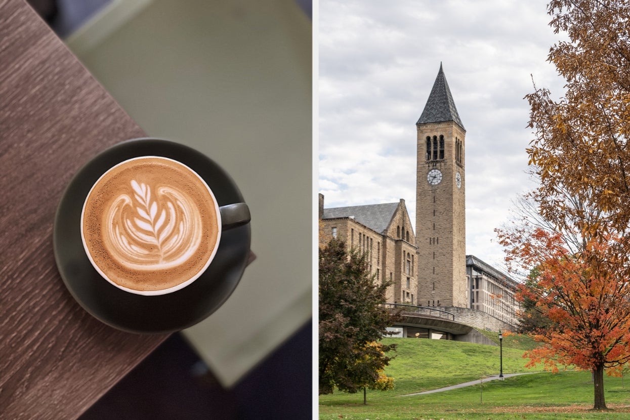 Left: A cup of latte with leaf latte art on wooden table. Right: A campus scene with a tall clock tower and autumn trees in the foreground