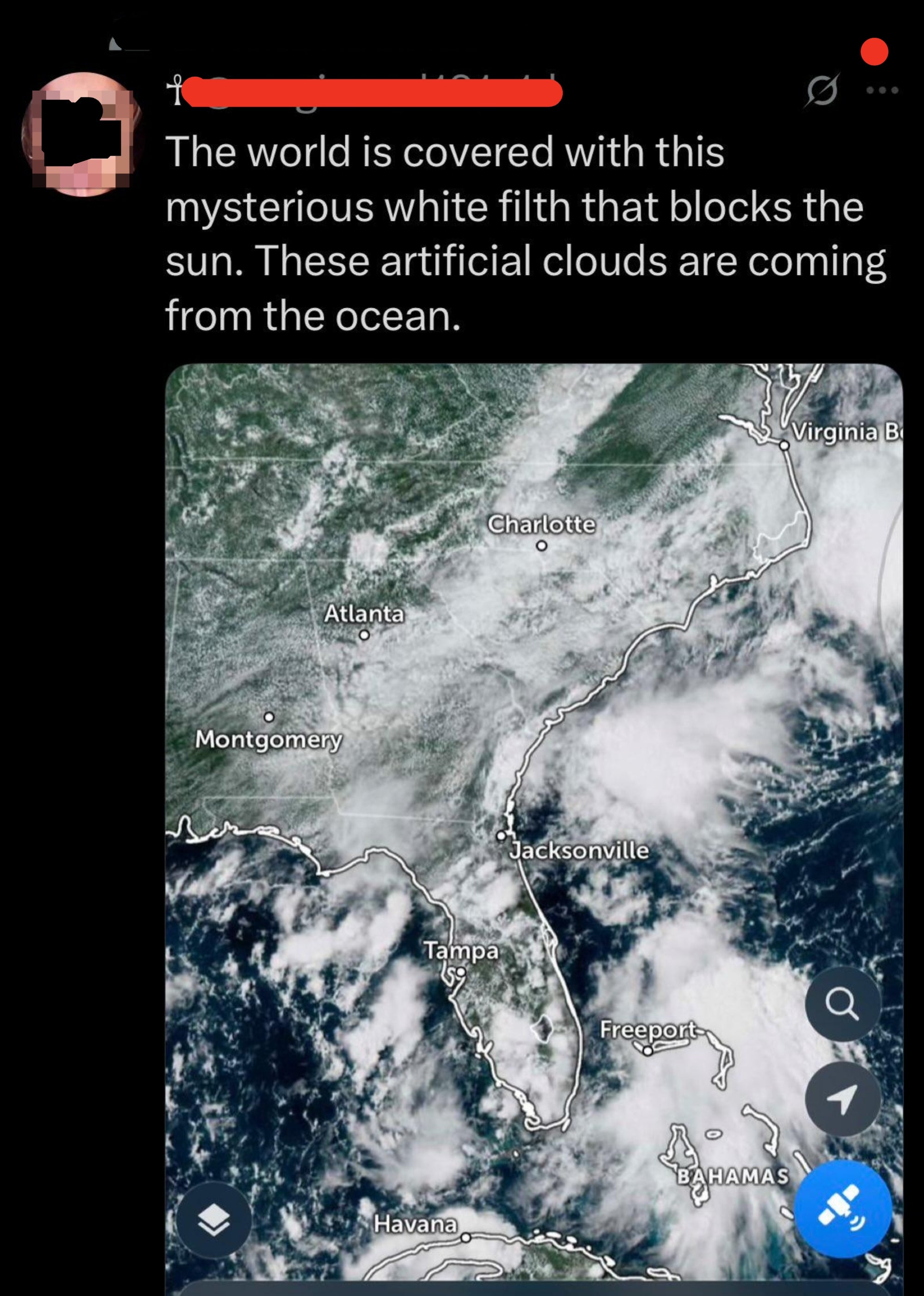 Satellite image of the Southeast U.S., including Florida to Virginia, showing cloud cover. Text over image claims clouds are artificial