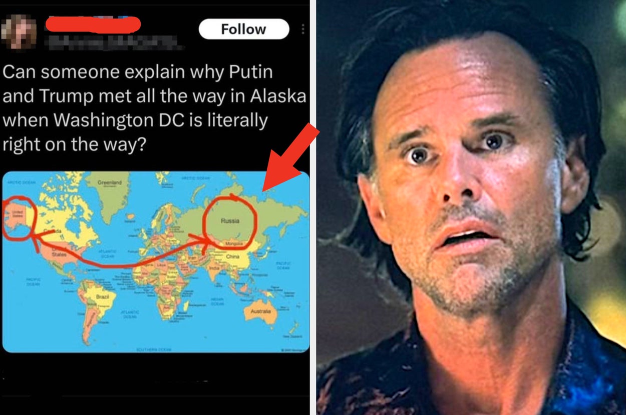Map shows a route starting at Russia, stopping in Alaska, then heading to Washington D.C. Caption questions logic. Surprised man reacts