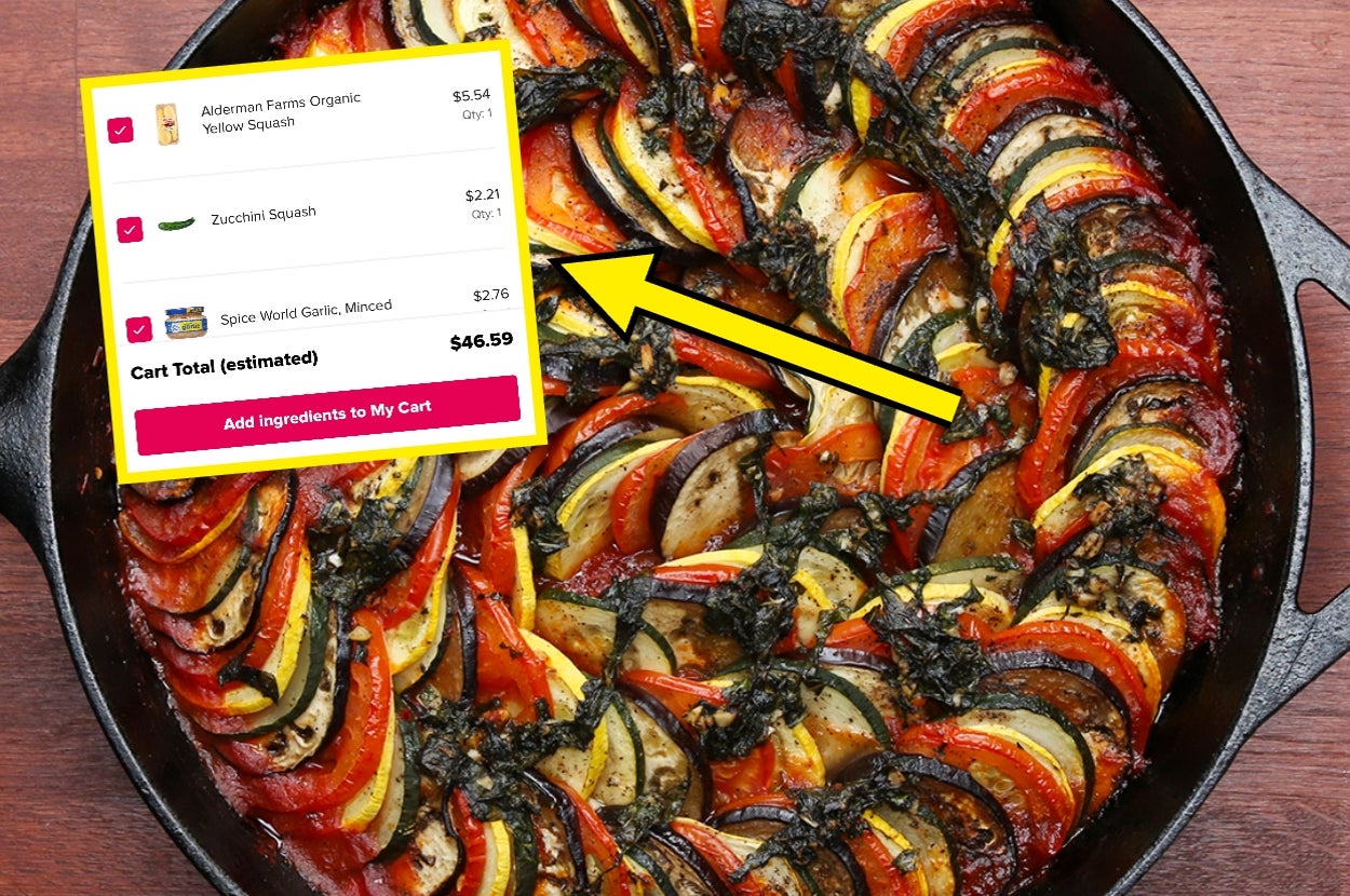 Ratatouille in a skillet with an online grocery list overlay showing squash and minced garlic, totaling $46.59